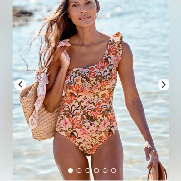 Soleil Asymmetrical One-Piece Swimsuit size 8 large 1 shoulder ruffle floral tan - Picture 1 of 9